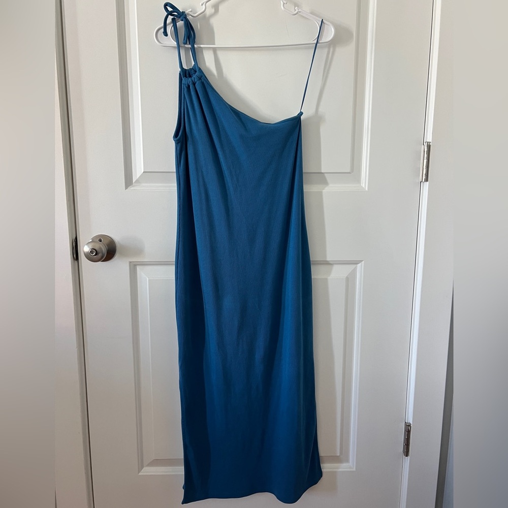 Blue Ribbed One Shoulder Midi Dress
